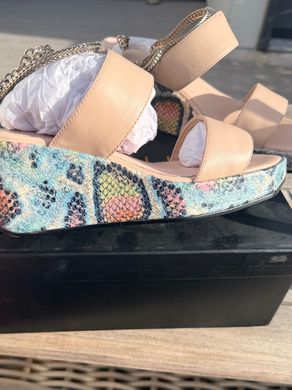 Cecelia Snakeskin Leather Wedge Platform Sandals / Ankle Wrap Slide Wedges